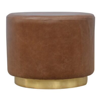 Brown Buffalo Leather Footstool with Gold Base