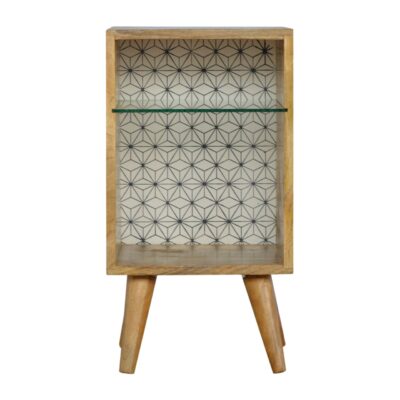 Solid Wood Bedside Table with 1 Glass Shelf and Geometric Screen