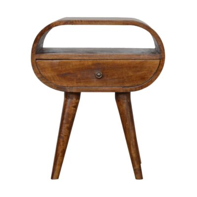 chestnut circular bedside with open slot