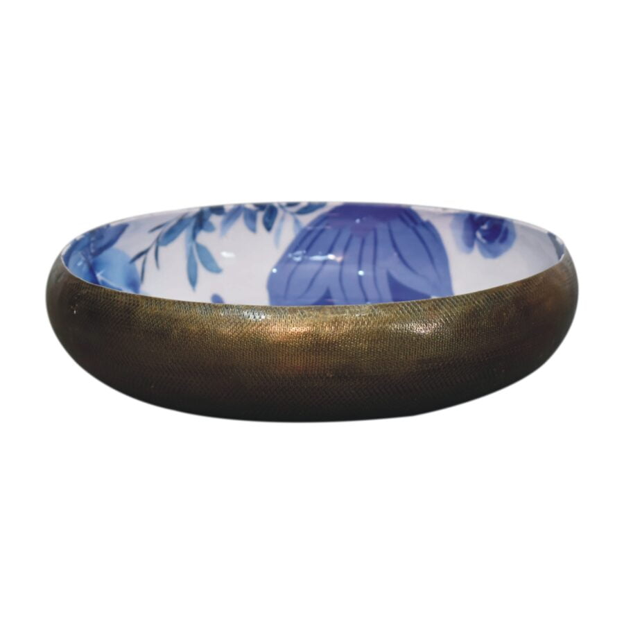 blue floral and brass fruit bowl