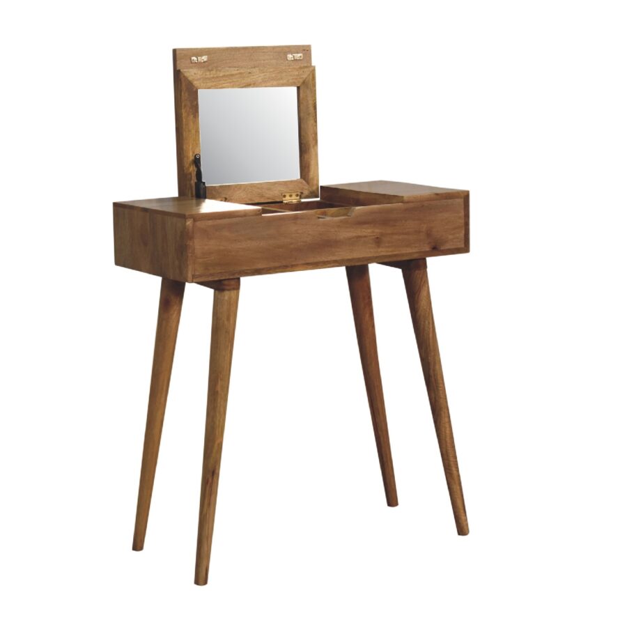 mini oak ish dressing table with foldable mirror