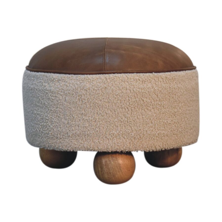 in3499 boucle cream buffalo leather footstool with ball feet