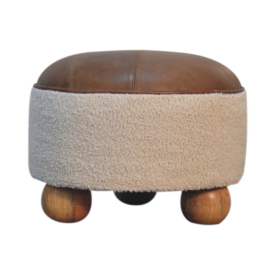 in3499 boucle cream buffalo leather footstool with ball feet