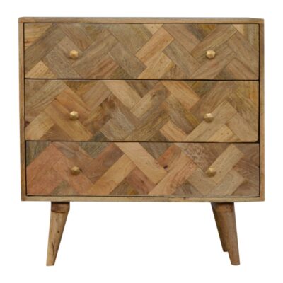 Wooden herringbone pattern chest of drawers on legs.