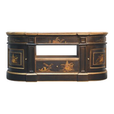 Antique lacquered wooden desk with oriental designs.