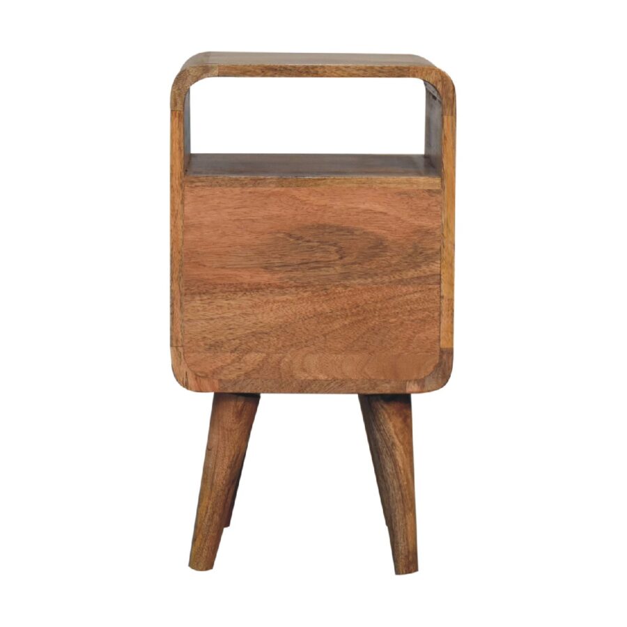 Wooden bedside table on white background.