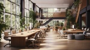 Modern office interior with plants and natural light.