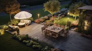 Illuminated garden with decking and outdoor furniture at dusk.