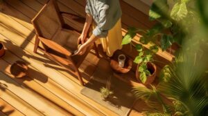 Person relaxing in sunny, plant-filled room.