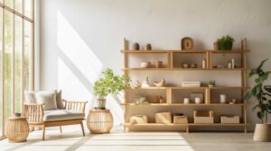 Bright, minimalist living room with wooden furniture and plants.