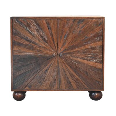 Wooden cabinet with sunburst pattern on spherical feet.