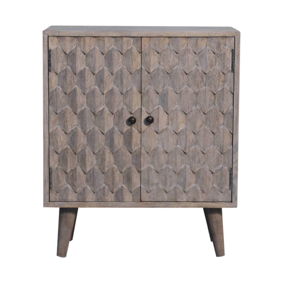 Wooden cabinet with geometric pattern and angled legs.