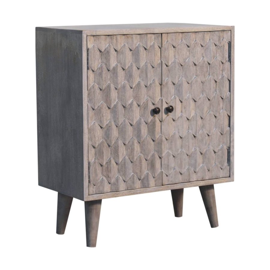 Wooden cabinet with patterned doors on angled legs.