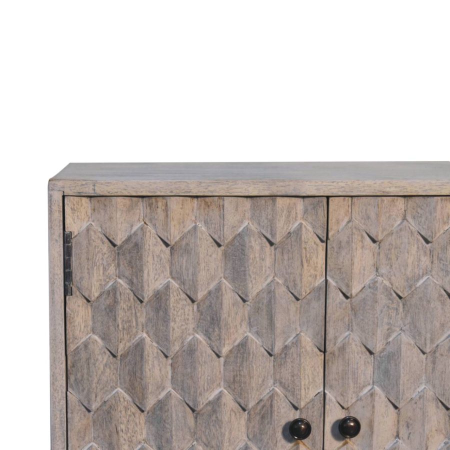 Wooden textured cabinet with geometric pattern.