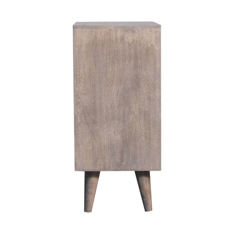 Wooden bedside cabinet on white background.