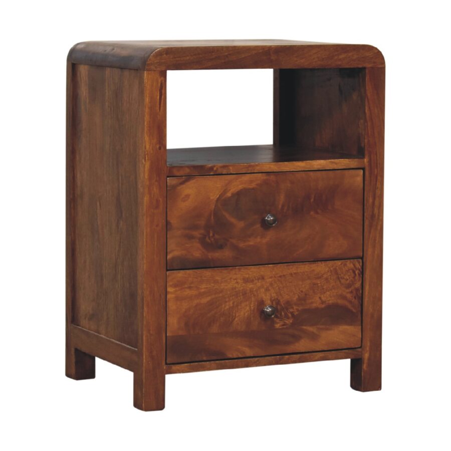 Wooden bedside table with drawers.